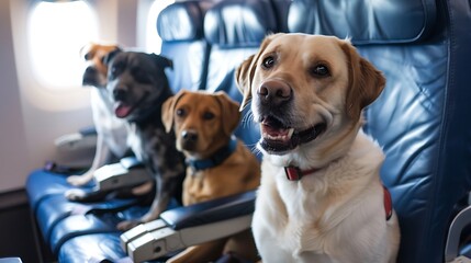 Four happy dogs are sitting in airplane seats, looking at the camera with excited expressions. They...