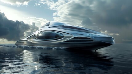Futuristic, sleek, silver yacht sailing on calm water under a cloudy sky.
