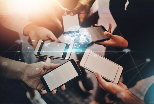 Hands, phone and people together with global network overlay for fitness app, training schedule or connectivity. Smartphone, digital wireframe and friends with social media for smart workout at gym - Powered by Adobe