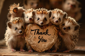 Group of hedgehogs around a heart-shaped "thank you"