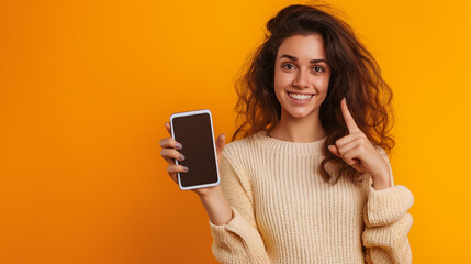 Woman pointing on blank smartphone screen
