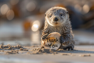 Adorable otter pup holds seashell saying "thank you"