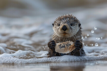 Adorable otter pup holds seashell saying "thank you"