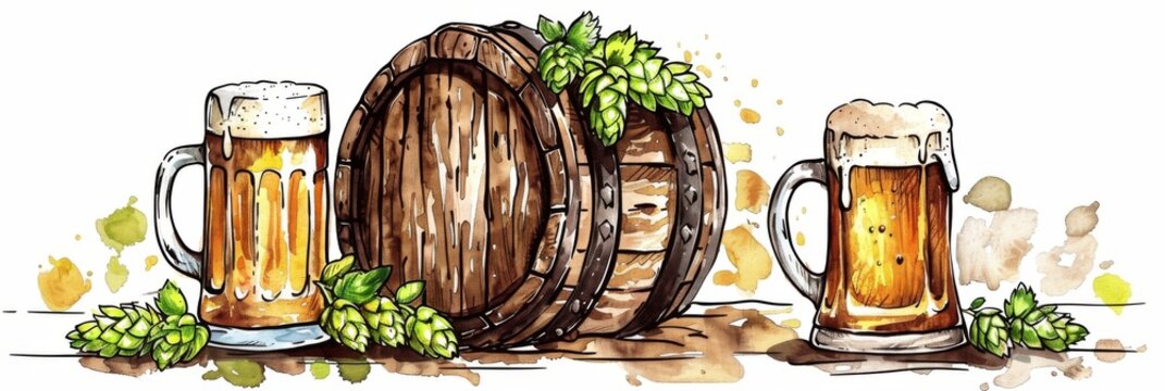 Horizontal banner. International Beer Day. Beer barrel, mugs with beer and hops on a white background. Sketch. Free space for text, copy space