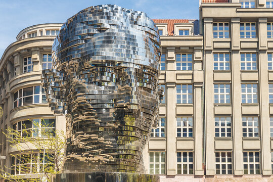 PRAGUE, CZECH REPUBLIC - MAY 8, 2023: The Head of Franz Kafka, moving statue of Kafka.