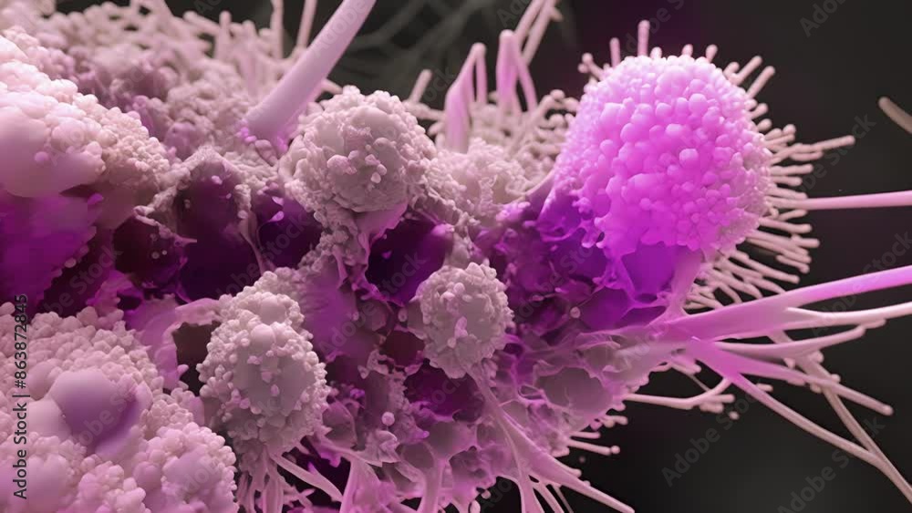 Poster scanning electron microscope animation of a b lymphocyte forming connections with other cells during
