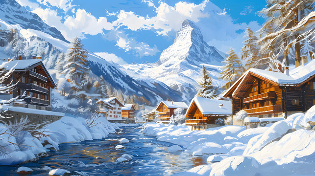 Beautiful view of Matterhorn from winter Zermatt. River and wooden houses in the mountains