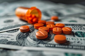 Orange medical tablets on money