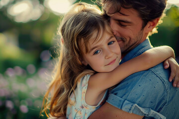 Happy father holding his little daughter outside, nice warm summer weather, happy atmosphere. Happy Son and Daughter Day on 11th Auust. Concept for Father's day, Family Day
