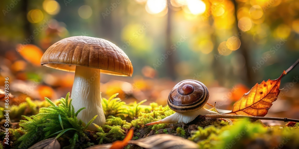 Wall mural Close-up of mushrooms in the autumn forest with a snail nearby, mushrooms, autumn, forest, snail, close-up, wildlife, foliage