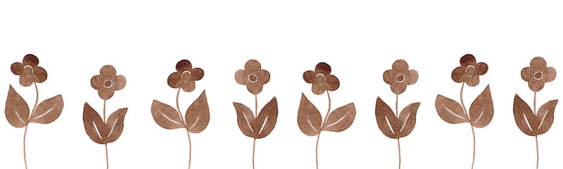 Brown wildflower silhouette. Flower border. Watercolor texture. Ideal for decorating fabrics, wallpaper, dishes and other products. White background