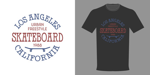 Vector illustration. LOS ANGELES SKATEBOARDING T-Shirt. California Urban Freestyle. Typographic print for extreme people. Fashionable jersey template for board skating