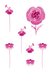 Spring collection of pink wildflowers silhouettes. Design element. Watercolor texture. Ideal for posters, fabric design, wallpaper, tableware and other products. White background