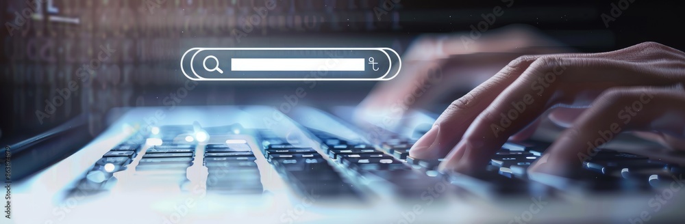 Poster hands typing on a keyboard with a search engine interface overlay, symbolizing technology and intern
