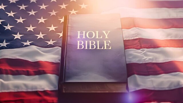 Bandera de Estados unidos ondeando y libro azul de la biblia inundados de los rayos de sol del amanecer