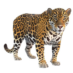Obraz premium A spotted leopard standing and looking proudly at the camera, isolated on white background.