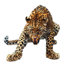 Obraz premium Leopard sat down and preparing to jump head pressed down to the paws on a white background.