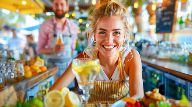 A woman with blonde hair and a bright smile sits at a bar, holding a glass of lemonade. The bar is bustling with activity, with other patrons and staff visible in the background