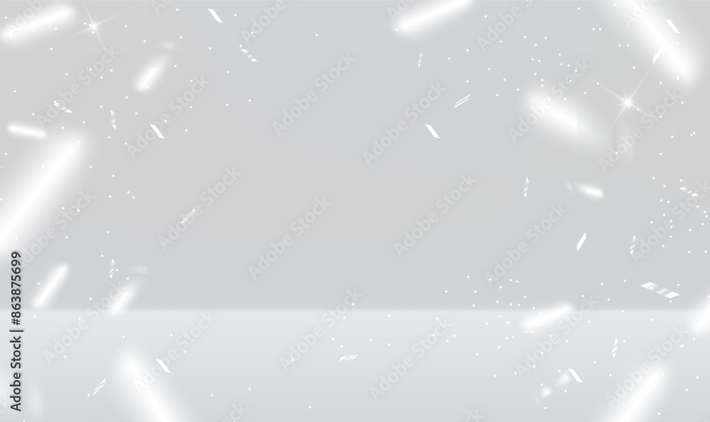Poster white empty scene with falling confetti and glitters sparkles. empty gray studio background. minimal