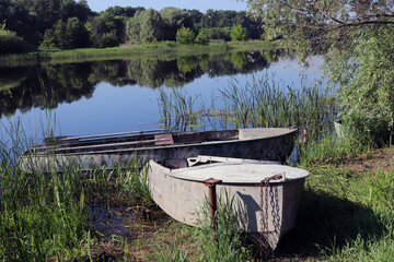 Very old retro fishing boat chained to bank of beautiful river surrounded by reeds and trees, typical rural picturesque natural landscape.