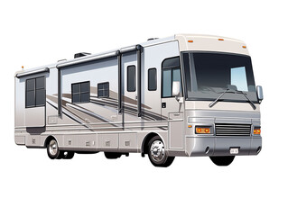 a white rv with a grey stripe