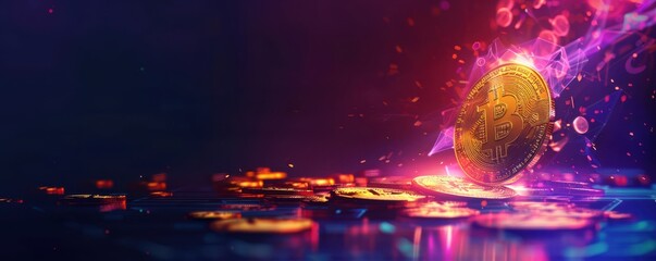 Fototapeta premium A dynamic and vibrant abstract background featuring a prominent gold Bitcoin coin. The scene is illuminated with neon colors, highlighting the futuristic and digital nature of cryptocurrency.
