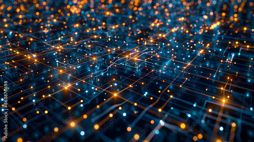 Poster the image is a glowing network of orange and blue dots and lines on a dark blue background. it resem