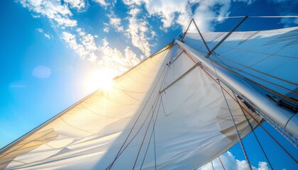 Fototapeta premium Close up view of elegant yacht deck featuring white sails set against a serene blue sky