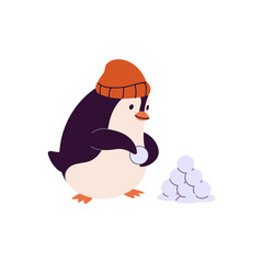 Happy penguin in hat makes snowballs. North bird baby sculpting to play snow fight in winter holidays. Cute polar animal has fun at Christmas vacations. Flat isolated vector illustration on white