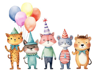 PNG Cute birthday animal cartoon, watercolor illustration, transparent background
