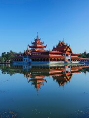 Naklejka premium Majestic Mandalay Royal Palace Reflected in Calm Moat under Clear Sky
