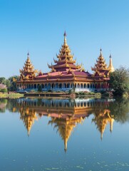 Naklejka premium Tranquil Reflection of Mandalay Royal Palace in Moat under Clear Sky