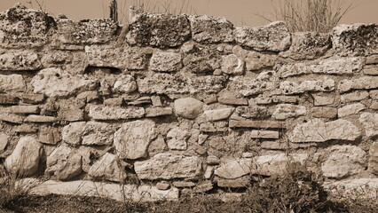Sepia Tone Ancient Stone Wall Full Frame Close-Up