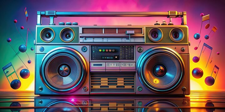 Close-up of a retro boombox with vibrant musical notes and cassette tapes , music, vintage, 80s, retro, colorful