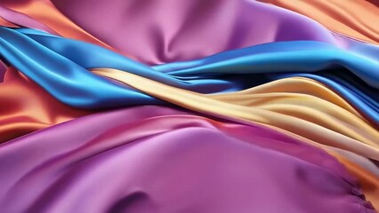 Colorful silk fabric flows in interwoven waves, featuring red, blue, orange, and purple. Smooth, luxurious texture emphasizes richness. Captured in daylight, highlighting vibrant hues.