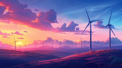 A vibrant wind farm at sunset, with towering wind turbines harnessing renewable energy against a colorful, cloud-filled sky over rolling hills.

