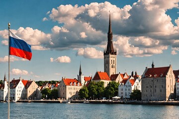 Tallinn old town spires with Estonian flag Baltic Sea