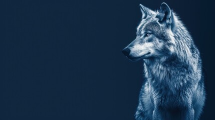 A mysterious wolf gazes into the distance against a solid navy blue background, highlighting its majestic fur and sharp features in a monochromatic style.

