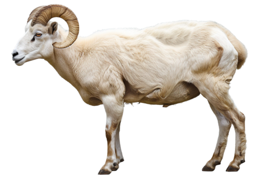 Longhorn white sheep side view isolated on white background.