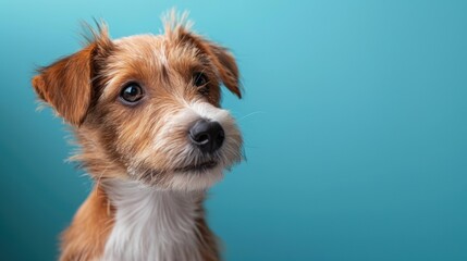 A cute and curious puppy with a light brown coat and expressive eyes, posing against a solid sky blue background, with copy space

