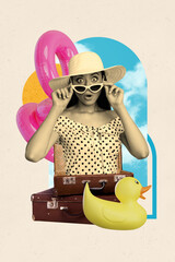 Vertical collage young amazed shocked girl tourist traveler suitcases luggage passenger speechless...
