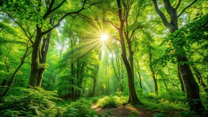 Naklejka premium A blurred background of a lush green forest with dappled sunlight shining through the leaves , nature, trees, forest