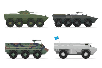 Detailed Flat Vector Illustration of Armored Personnel Carrier (APC), Side View, Military Vehicle Illustration