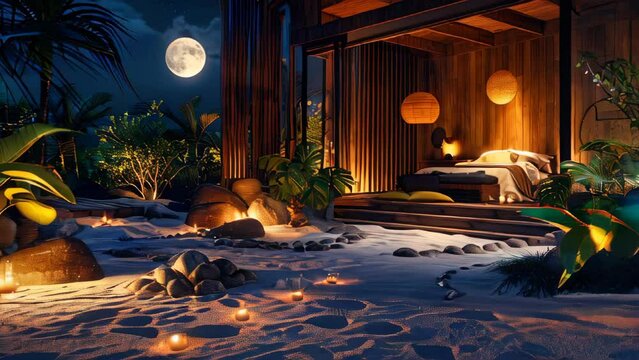 A beach house with candles and lanterns under moonlight, romantic atmosphere