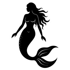 Simple Mermaid black silhouette on white background