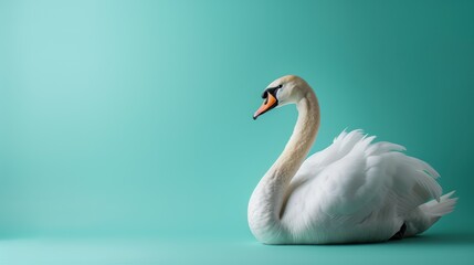 Obraz premium A graceful swan elegantly posed against a serene turquoise background, showcasing the beauty and tranquility of nature in a minimalist setting, with copy space