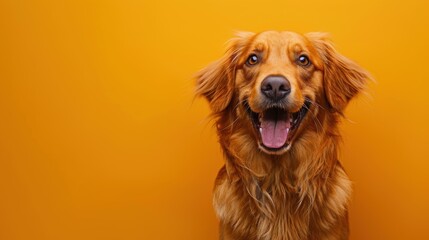 Fototapeta premium A joyful Golden Retriever with floppy ears, posing on a bright orange background, smiling widely with a happy and friendly expression, with copy space