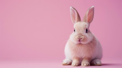Fototapeta premium A cute, fluffy bunny sits adorably against a solid lavender background, its soft fur and curious expression creating a charming and heartwarming scene, with copy space
