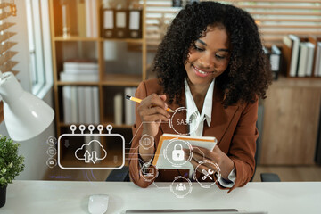 Hand touching Secure Access Service Edge icon on smartphone virtual screen background, password,...