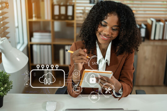Hand touching Secure Access Service Edge icon on smartphone virtual screen background, password, network, framework and support technology in office. SASE secure access service edge concept.